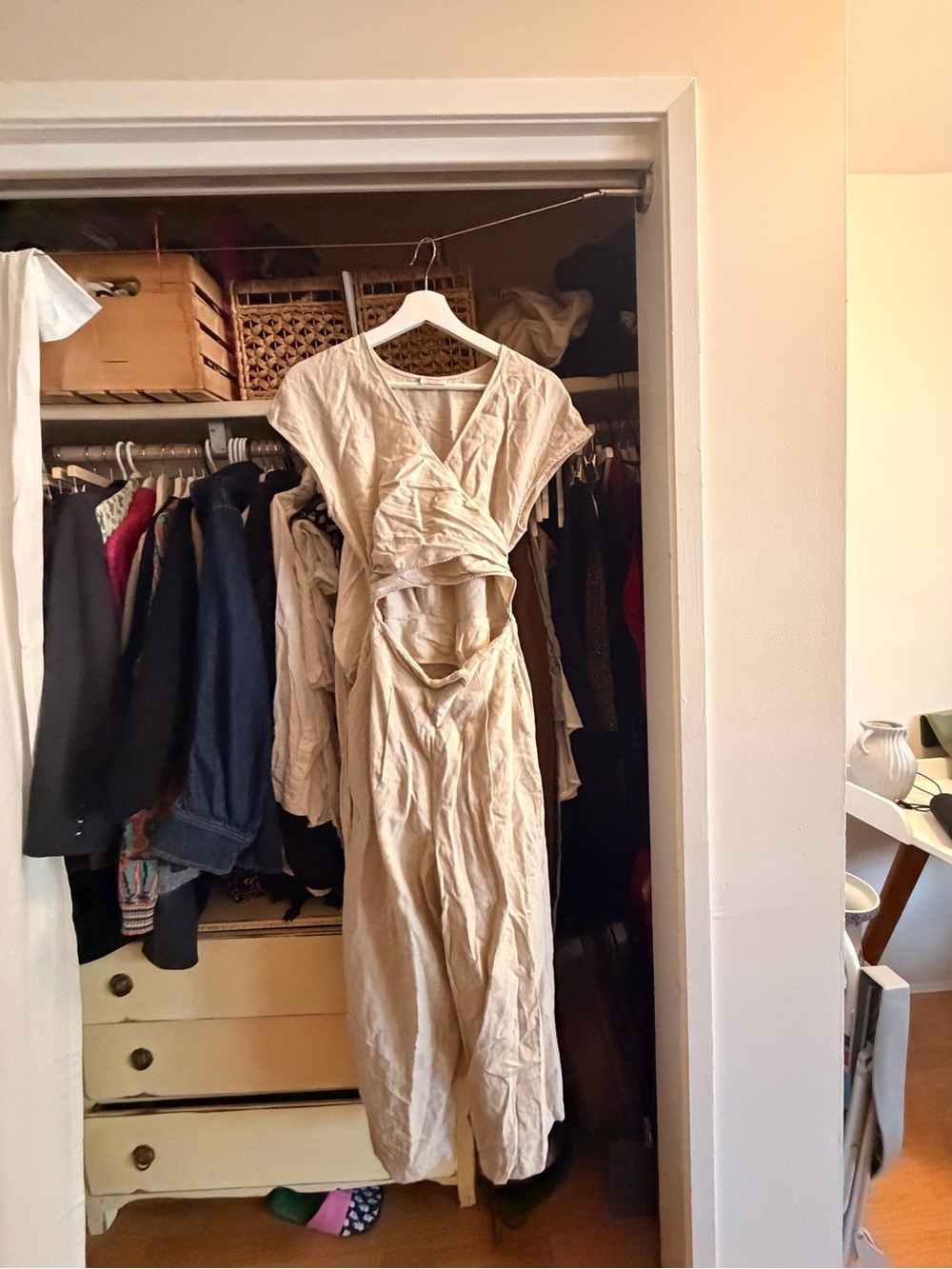 Wilfred Cream Backless Cutout Linen Jumpsuit Dress